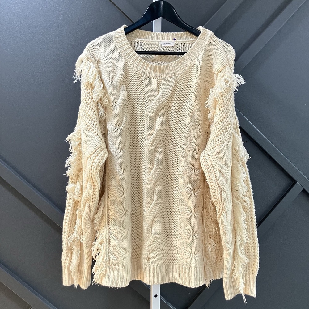 Andthewhy Cream Cable Knit Fringe Sweater Women's M/L Chunky Boho Oversized